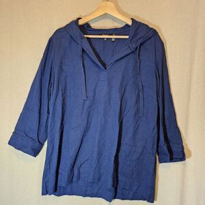 Ellen Tracy Linen Blend Navy Blue 3/4 Sleeve Loose Fit Hoodie Large